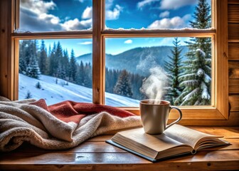 Cozy Winter Window Scene: Snowy Landscape, Warm Drink, Book, Blanket