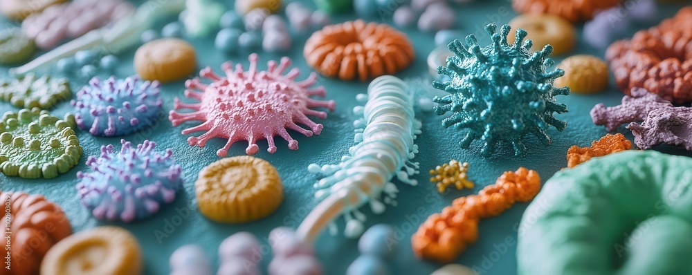 Poster a vibrant array of colorful microorganisms, including bacteria and viruses, depicted in a detailed a