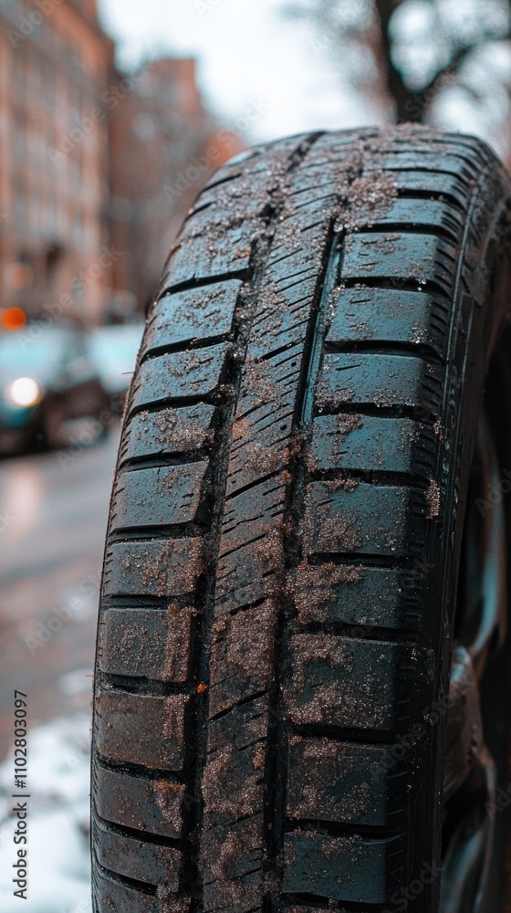 Poster close-up of a tire showing tread pattern and dirt, indicating use in winter conditions.