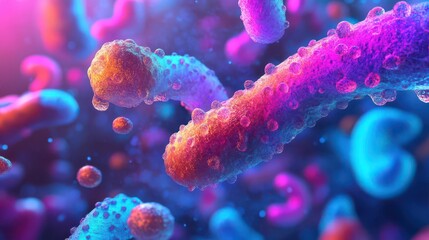 Naklejka premium A vibrant, abstract depiction of microscopic organisms in vivid colors, showcasing the complexity and beauty of microbial life.