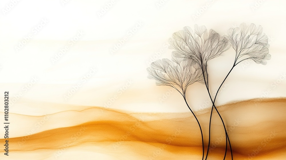 Poster abstract artistic representation of delicate flora with soft earth tones and flowing lines, evoking 