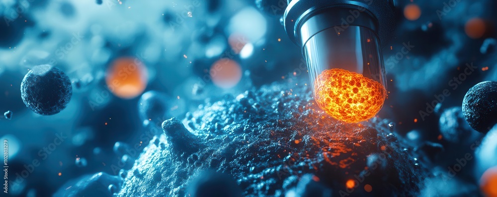 Poster a close-up view of a microscopic scene, showcasing particles interacting with a glowing source, crea