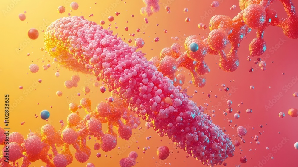 Poster a vibrant, abstract depiction of a bacterial structure surrounded by colorful spheres, representing 