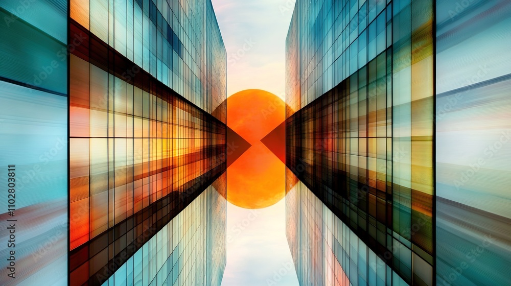 Poster abstract urban landscape with sun setting between modern skyscrapers, creating a vivid display of li