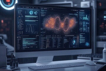 A sleek computer screen displays complex data visualizations and analytics in a high-tech workspace, emphasizing modern technology and data science.