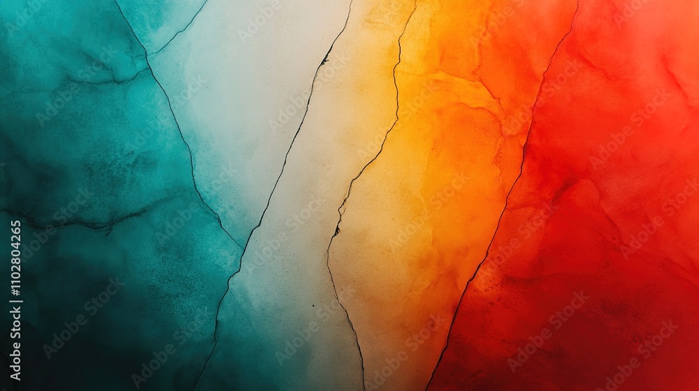 Poster abstract fluid art with turquoise, orange, and red waves creating a vibrant background with subtle t