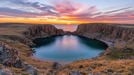 Dramatic Coastal Sunset  Rocky Cove  Ocean  Vibrant Sky