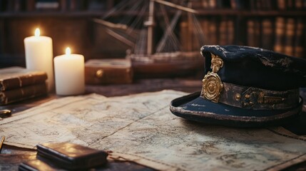 A vintage scene featuring a captain's hat, candles, and a map on a wooden table.