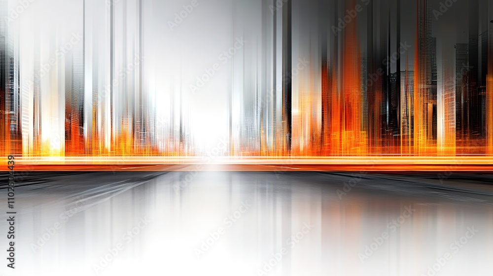 Poster abstract cityscape design with dynamic streaks of orange and gray colors, creating a sense of motion