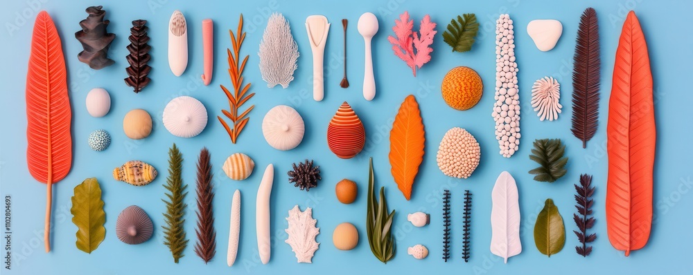 Poster a colorful arrangement of various natural objects and textures displayed on a vibrant blue backgroun