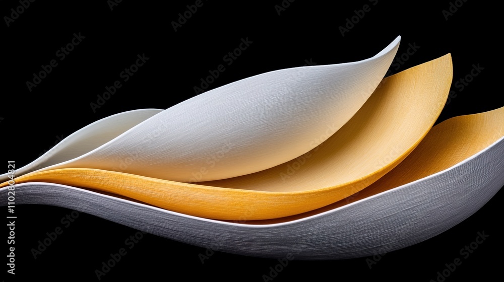 Poster intricate layered abstract design with soft curves and smooth gradients in white, yellow, and gray o