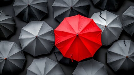 red umbrella on top of other gray umbrellas. Business and safety concept