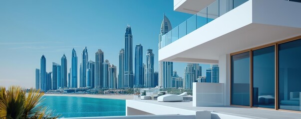 Modern architecture with a stunning skyline and swimming pool view