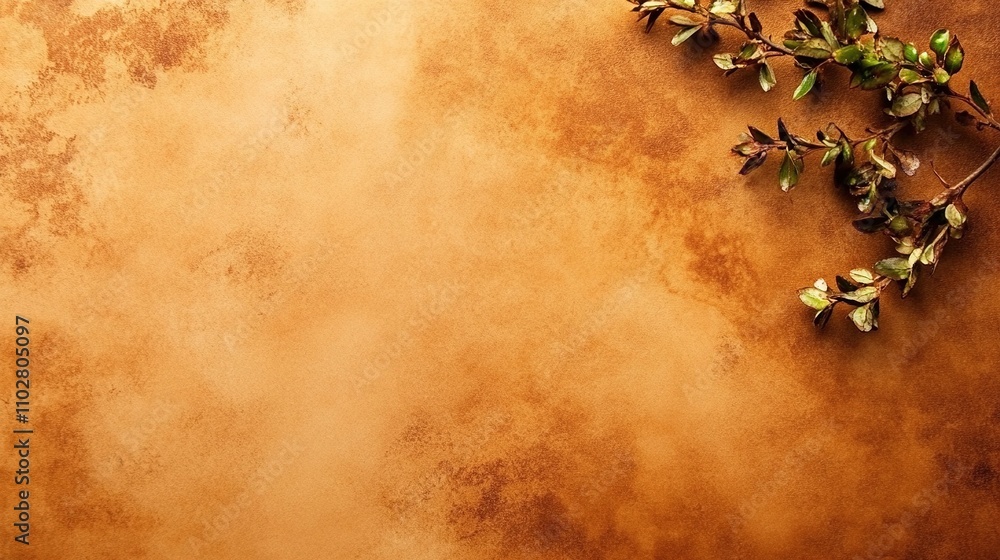 Poster beautiful textured background featuring a warm, earthy tone with a small sprig of leaves adding a to