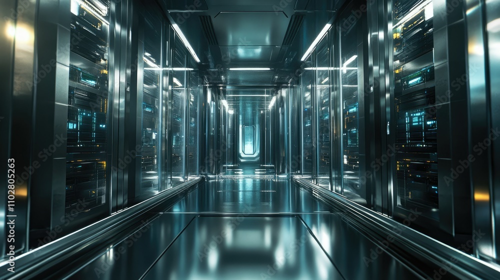 Poster futuristic data center aisle with glowing servers and reflective surfaces in a high-tech environment