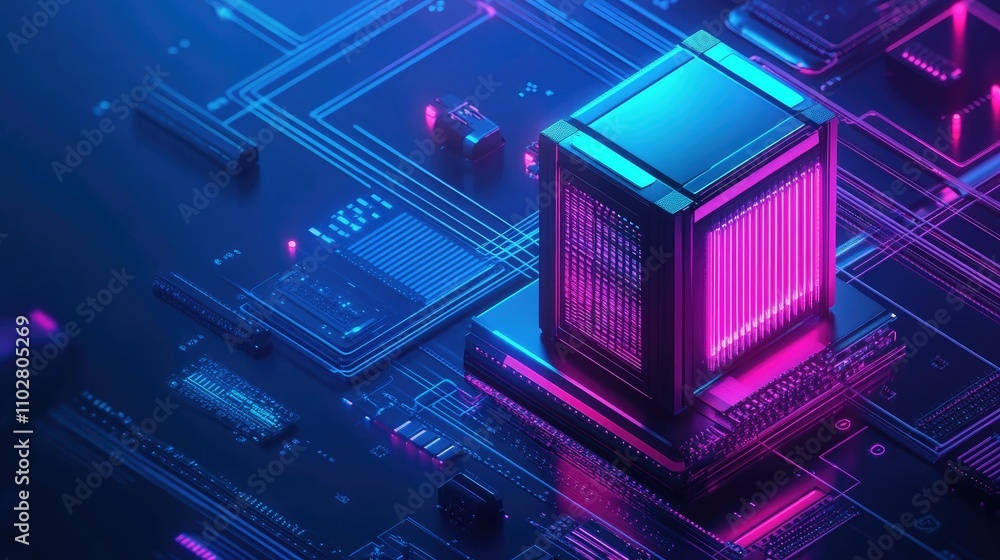 Poster futuristic technology concept with neon lights and circuit board background featuring a glowing proc