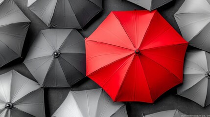 red umbrella on top of other gray umbrellas. Business and safety concept