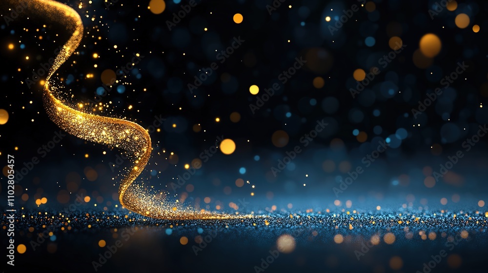 Aufkleber abstract golden sparkling wave with glittering particles on a deep blue background, creating a magic