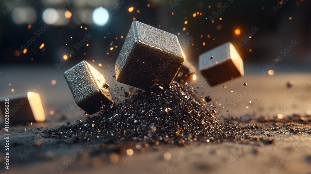 Poster metallic cubes emerging from a dark gravel pile with sparks and glowing lights creating a dramatic v