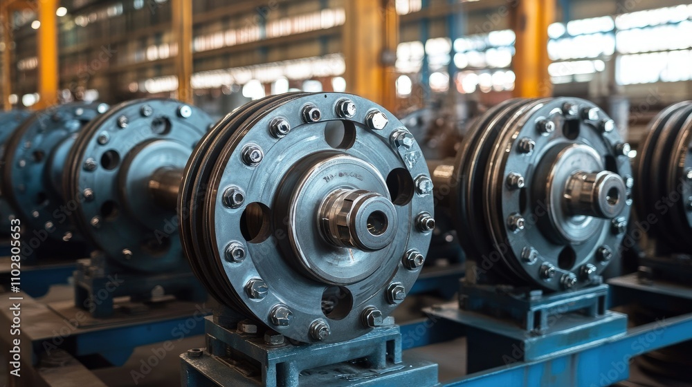 Poster detailed close-up view of industrial components on machinery workbench in factory setting highlighti