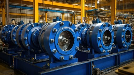 Industrial Pumps in a Modern Manufacturing Facility Showcasing Engineered Precision and Robust Design with High-Performance Machinery in a Factory Environment