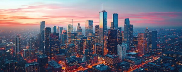 Fototapeta premium A stunning aerial view of a modern skyline during sunset, showcasing towering skyscrapers.