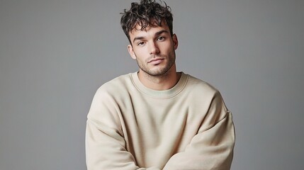 Obraz premium Young man in casual pullover sweater against plain background