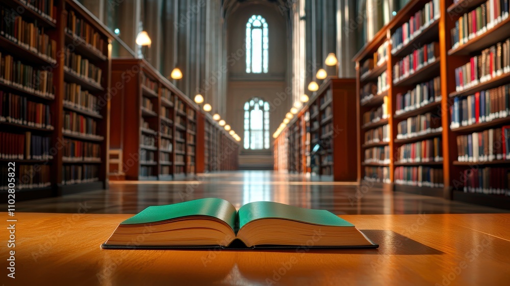 Poster a serene library scene featuring an open book on the floor, surrounded by tall shelves filled with b