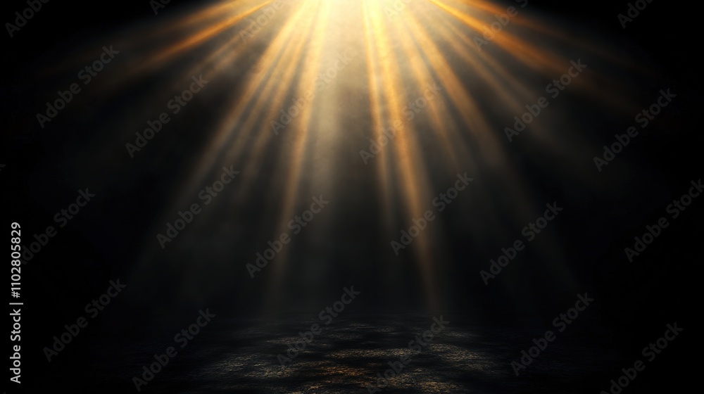 Poster Dramatic Light Rays Breaking Through Darkness, Creating a Mystical Atmosphere and Illuminating the Ground with a Glorious Glow in an Enigmatic Setting