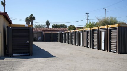 Naklejka premium Rows of Storage Units in a Container Facility Under Clear Blue Sky, Ideal for Personal and Business Use, Showcasing Organization and Accessibility in Urban Areas