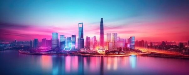 Fototapeta premium Vibrant city skyline illuminated at dusk, reflecting in calm waters.