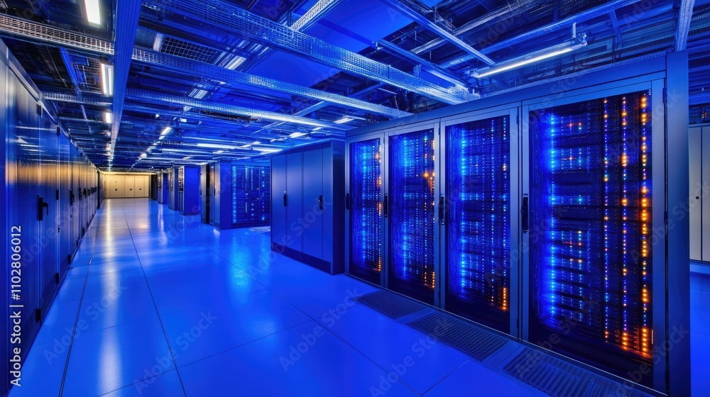 Poster modern data center with rows of servers illuminated in blue light, featuring advanced technology and
