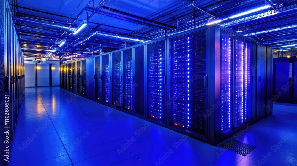 Poster modern data center with server racks illuminated by blue led lights creating a high-tech atmosphere 