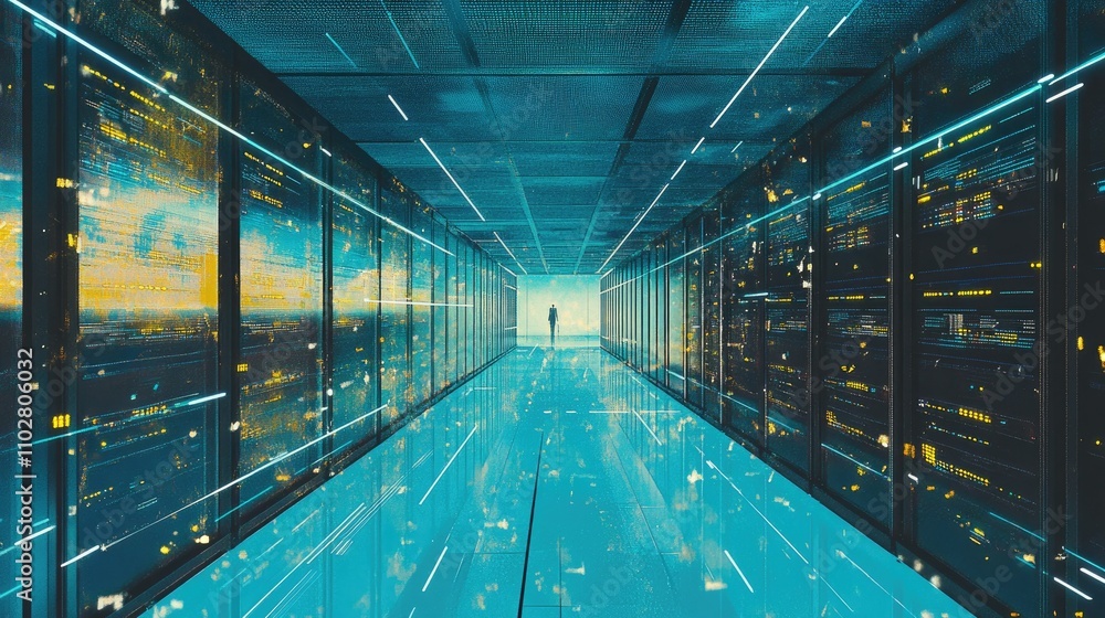 Poster futuristic data center corridor with neon lights and server racks showcasing advanced technology and