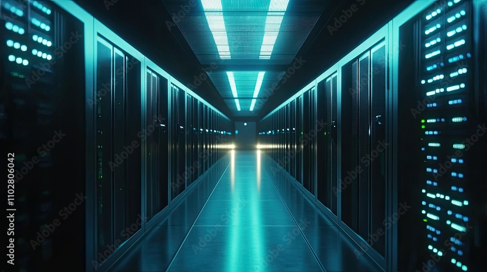 Poster futuristic data center corridor with server racks and high-tech lighting, creating a cyberpunk ambia