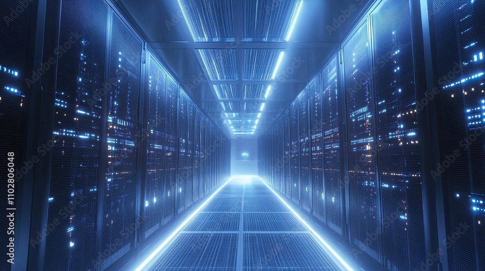 Poster futuristic data center hallway with illumination and high-tech server racks creating a cyber environ