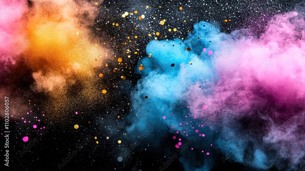 Poster vibrant color explosion of smoke and dust on dark background creating a stunning abstract artwork fo