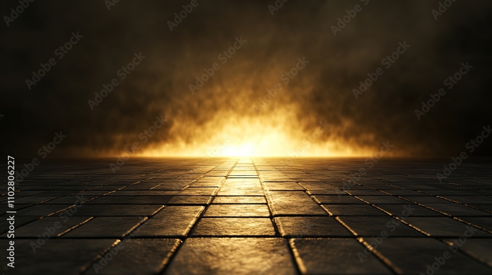 Poster dramatic natural light emanating from a foggy horizon over a smooth paved surface, creating an atmos