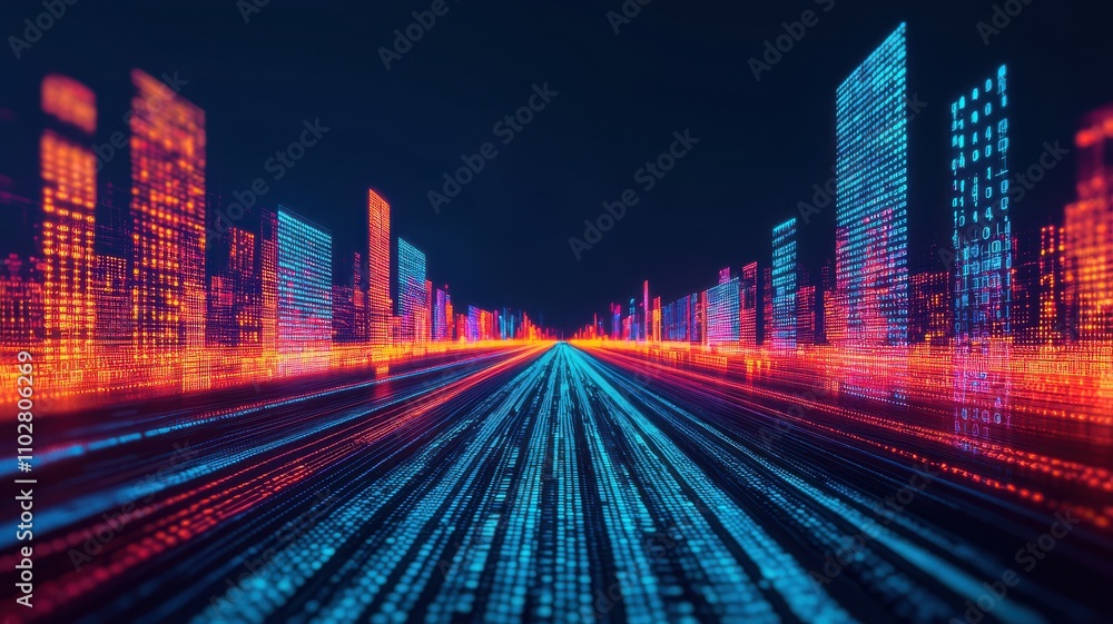 Poster a vibrant digital cityscape with neon lights and data streams flowing through, creating a sense of s
