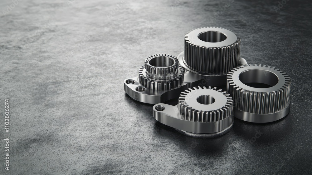 Poster a close-up view of precision machined gears and components displayed on a dark, textured surface for