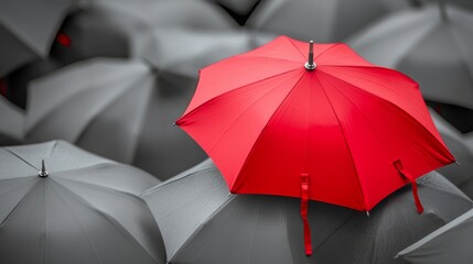 red umbrella on top of other gray umbrellas. Business and safety concept