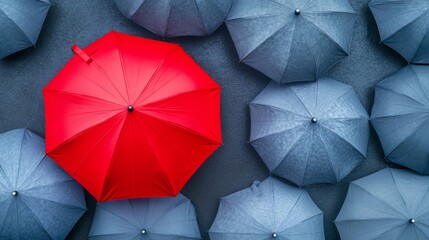 red umbrella on top of other gray umbrellas. Business and safety concept