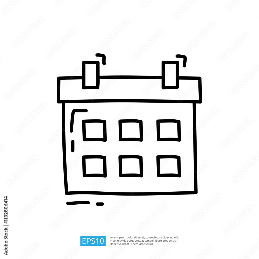 Poster a simple line drawing of a calendar, featuring a grid layout with squares representing days and two 