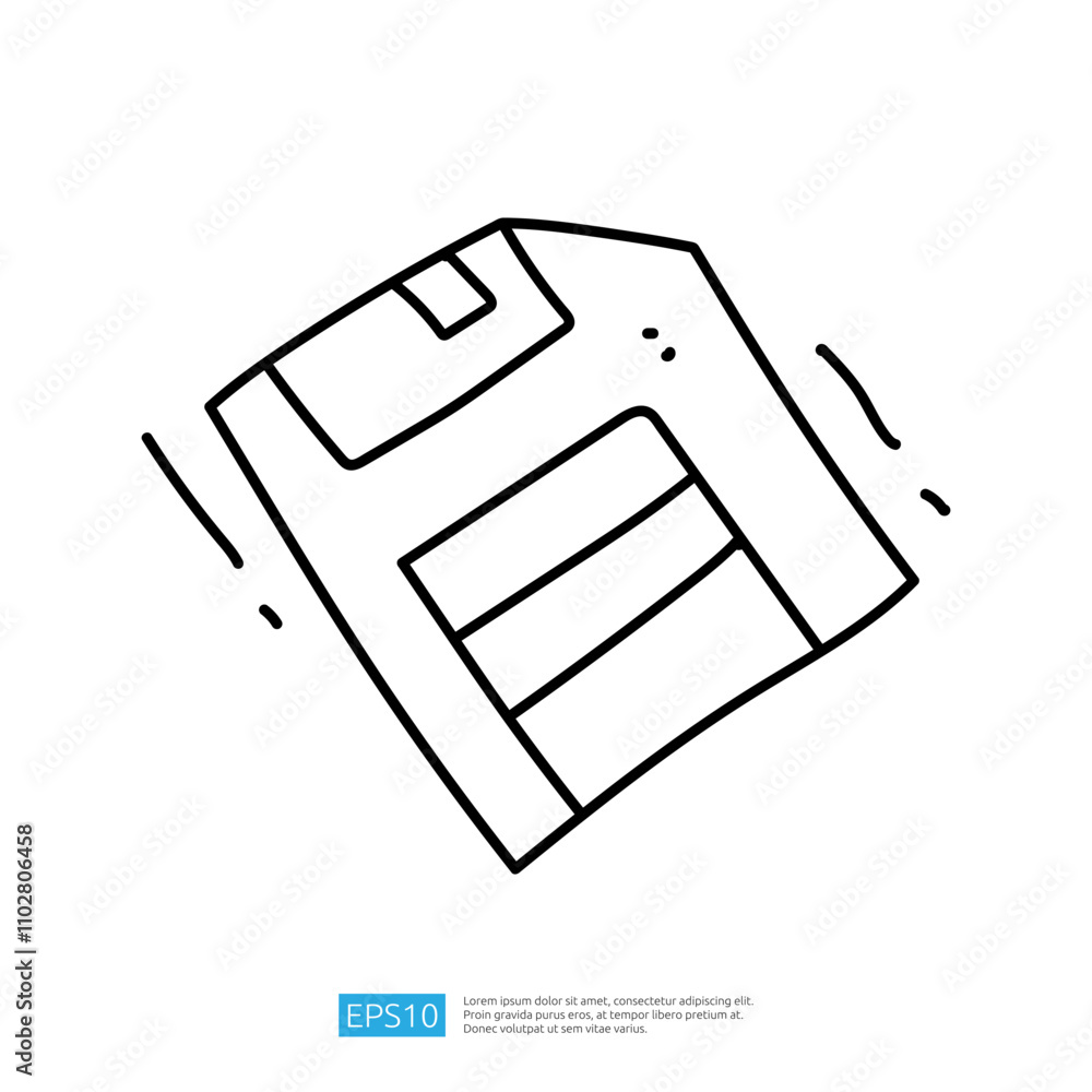 Poster a simple line drawing of a floppy disk, tilted at an angle, representing digital storage and nostalg