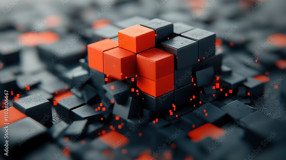 Poster abstract representation of precision and chaos with black and orange cubes in a complex arrangement 