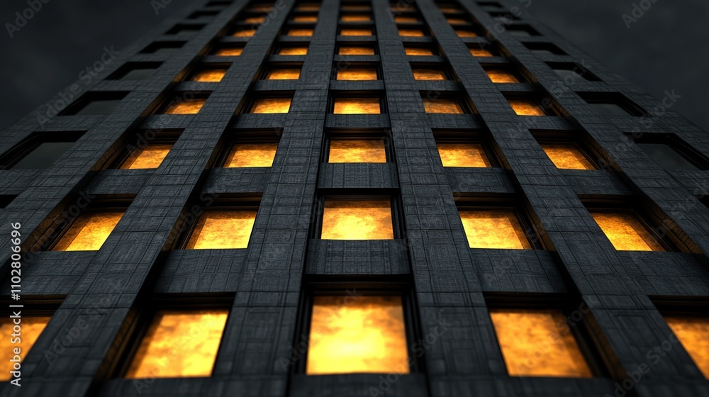 Poster abstract perspective of a tall building with illuminated windows during nighttime, showcasing a uniq