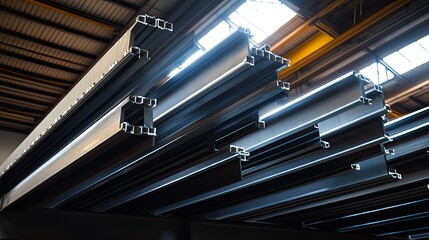 Industrial Warehouse Interior Featuring Stacked Metal Beams and Steel Sections Illuminated by Natural Light from Skylights Above