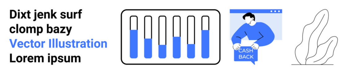 Bar graph, man with cashback sign, abstract leaf. Ideal for business presentations, financial analytics, marketing, data visualization, e-commerce, educational materials, technology content. Landing