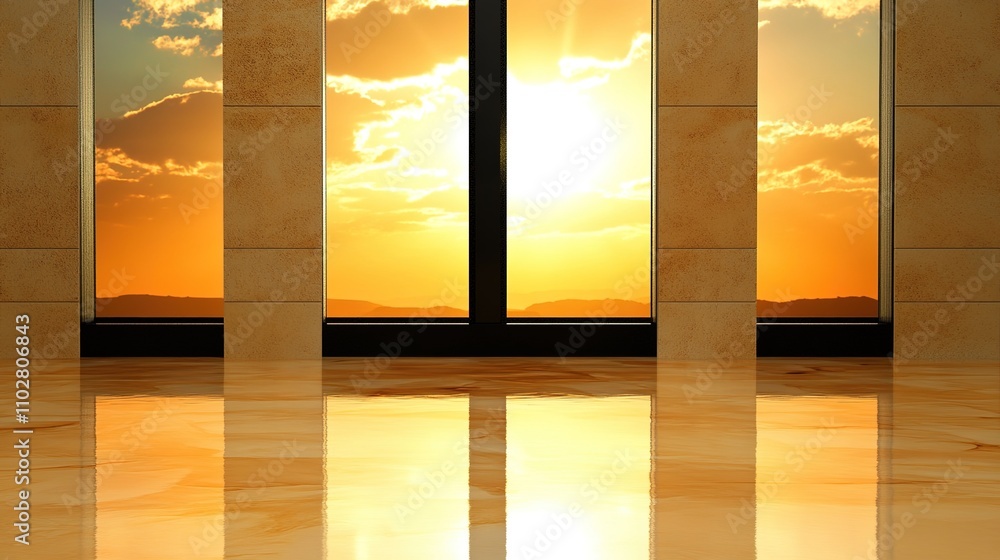 Poster sunset view through modern floor-to-ceiling windows in a contemporary space with reflection on polis