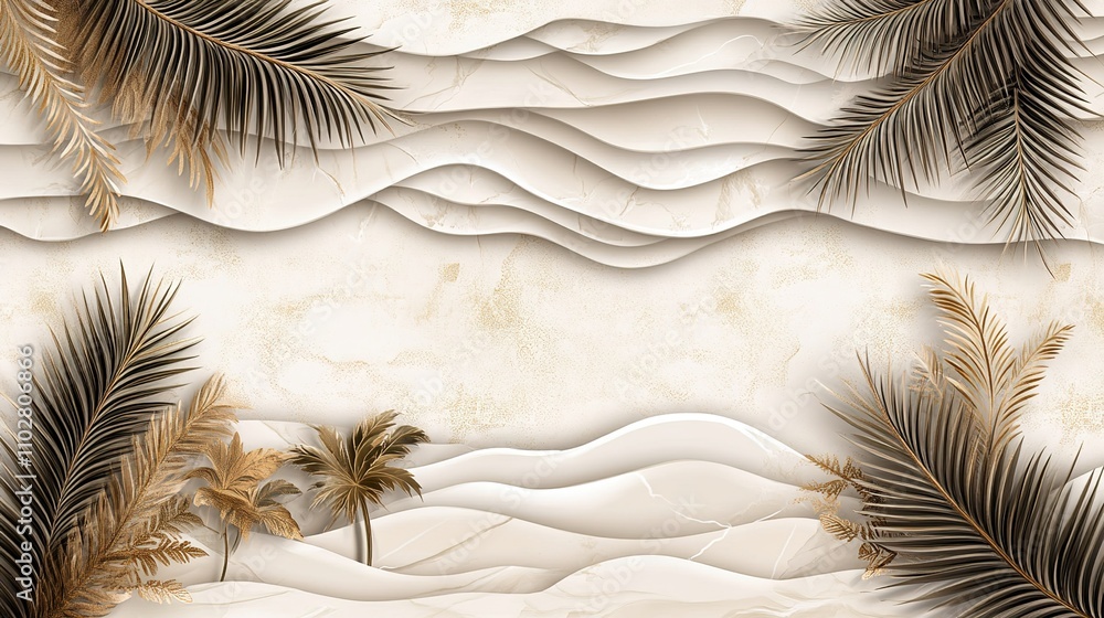 Poster artistic abstract background featuring layered textures and palm leaves ideal for tropical themes, r